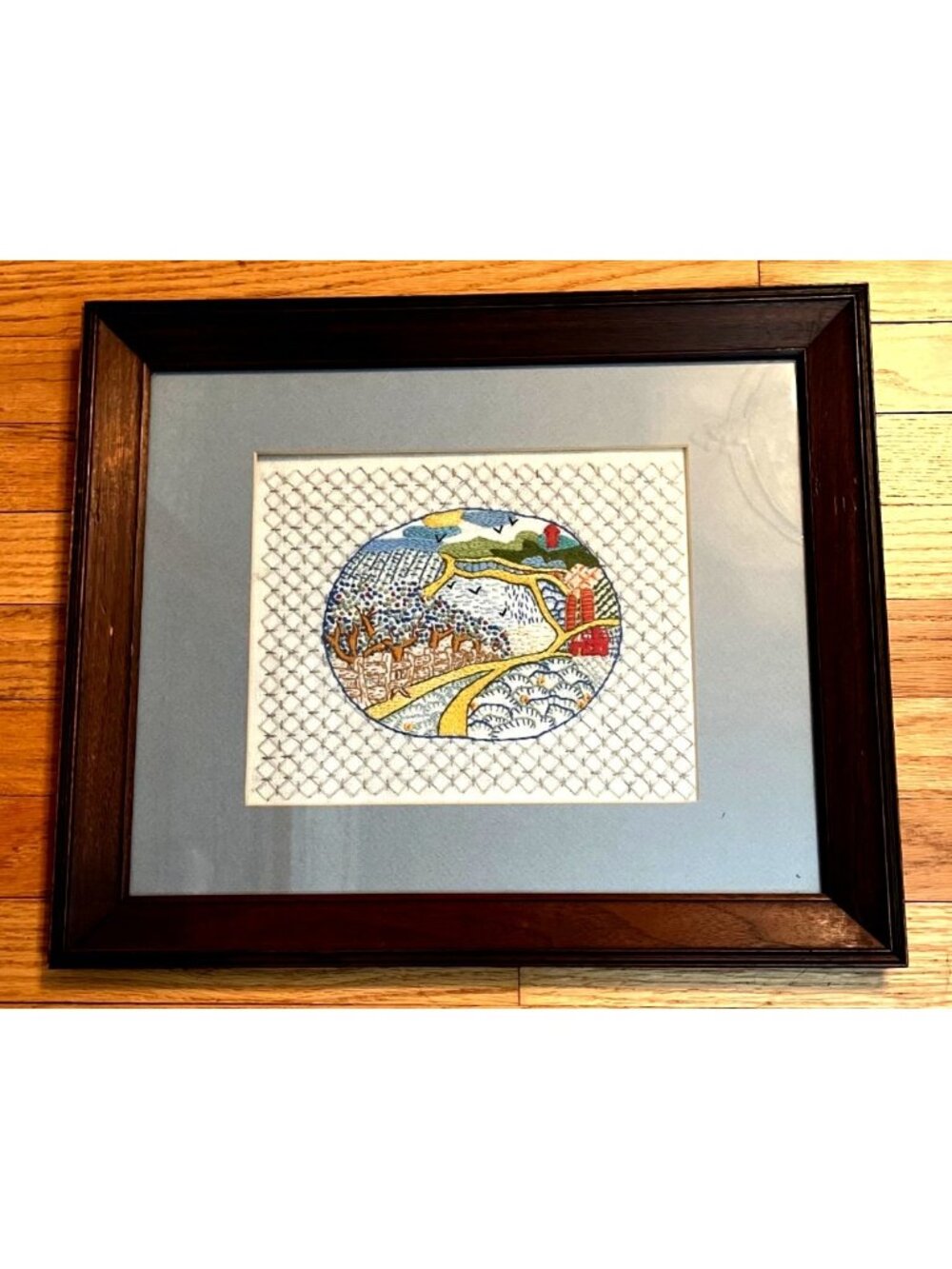Vintage Vogart Crewel "Country Valley" Hand-Stitched Framed Artwork 1988 17"L x